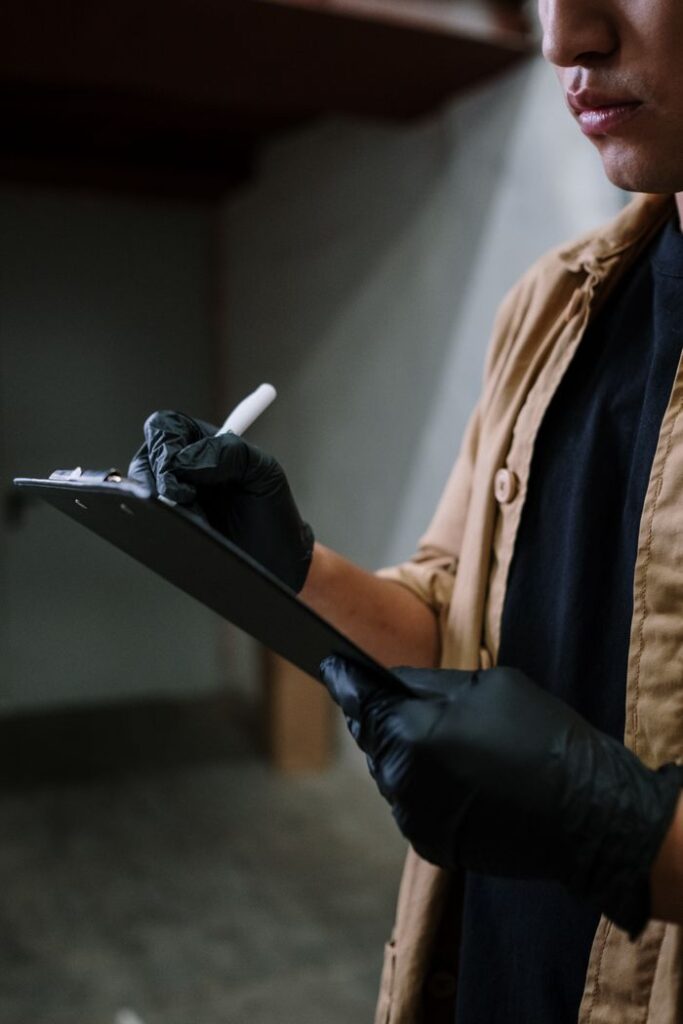 Close-up of person in black gloves using clipboard, possibly for inspection.